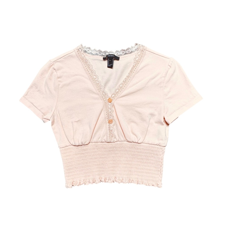Forever 21 Lace Trim Smocked Crop Top Womens Large Pink‎ V-Neck Short Sleeve Y2K